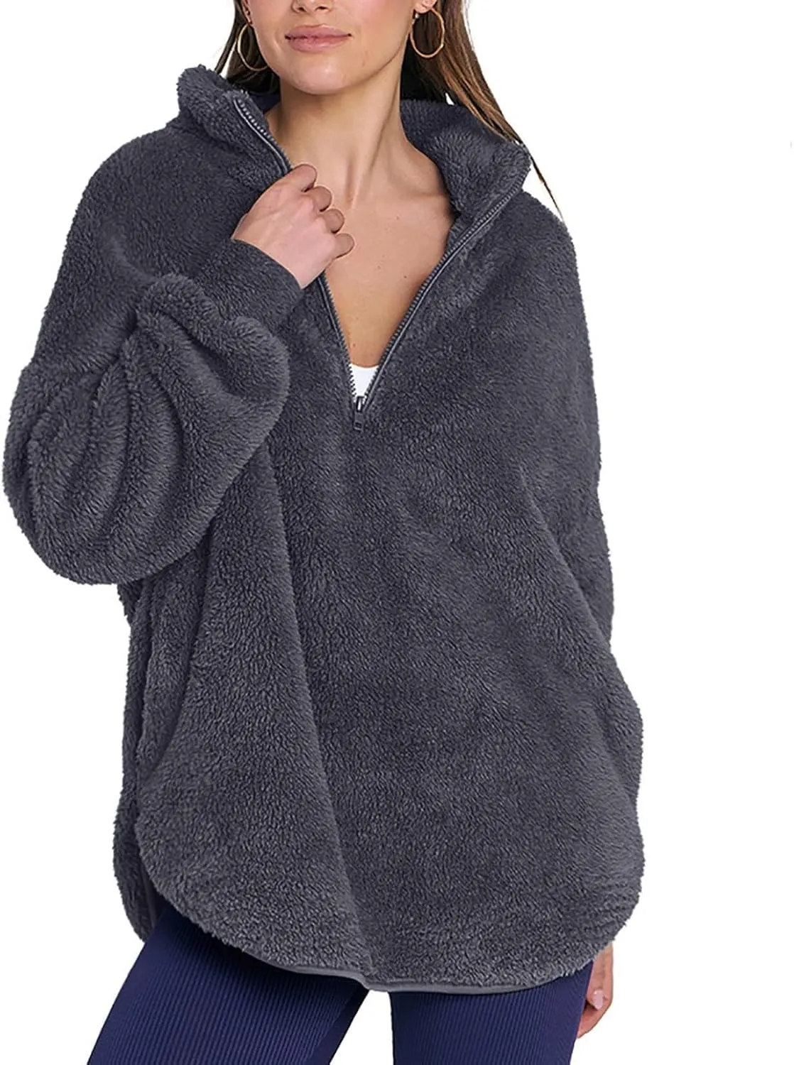 Womens Fleece Sweatshirt Half Zip Up Oversized Long Sleeve Sherpa Pullover Winter Warm Comfy Solid Color Fuzzy Tops