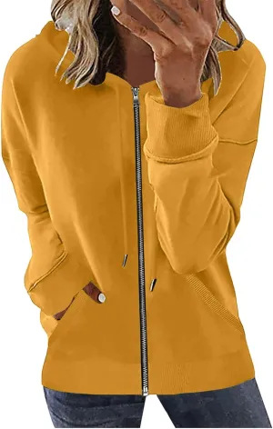 Womens Full Zip Up Hoodies Trendy 2023 Lightweight Fall Jackets Long Sleeve Solid Tunic Tops Hooded Zipper Sweatshirts