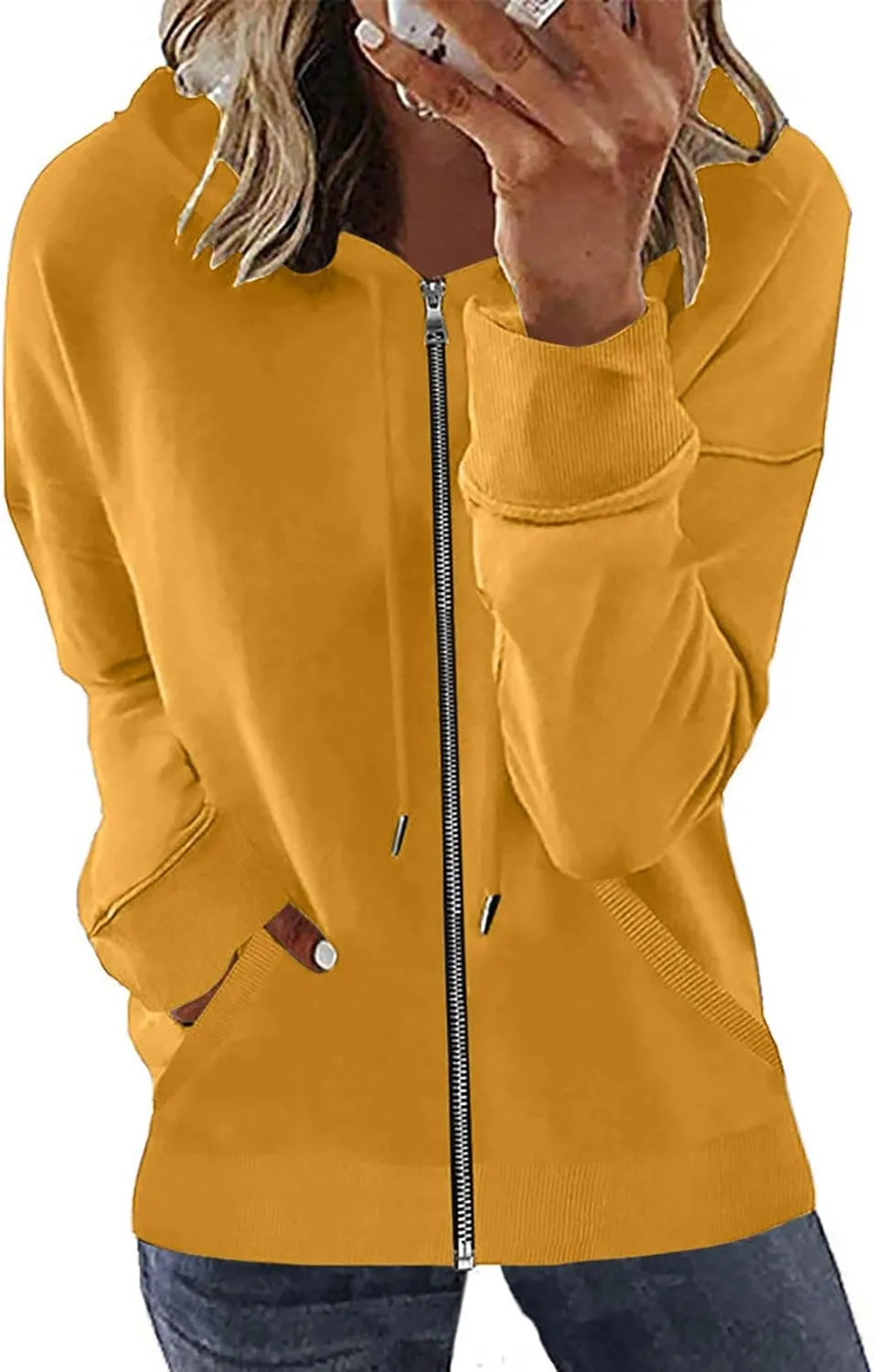 Womens Full Zip Up Hoodies Trendy 2023 Lightweight Fall Jackets Long Sleeve Solid Tunic Tops Hooded Zipper Sweatshirts