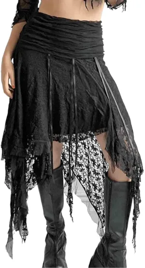 Women's Gothic Style Pleated high Waisted Irregular Skirt, Personalized lace midi Skirt