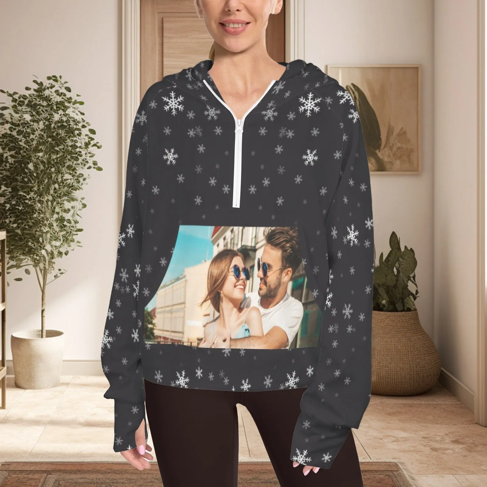 Women's Half Zip Cropped Hoodies Custom Photo Christmas Fleece Athletic Pullover Hoodies with Pockets Thumb Hole