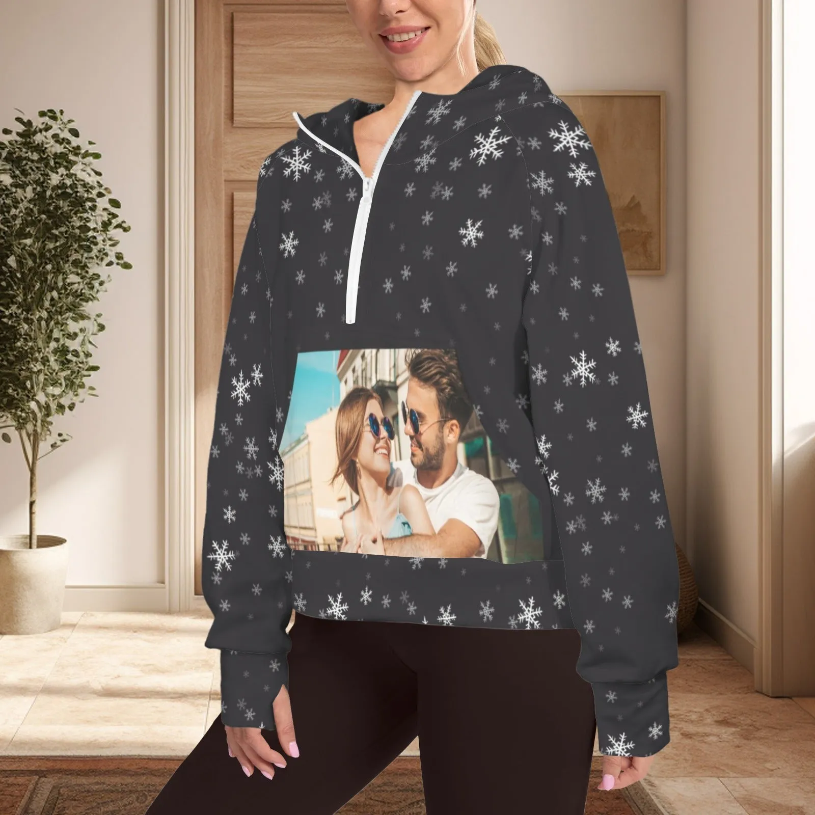 Women's Half Zip Cropped Hoodies Custom Photo Christmas Fleece Athletic Pullover Hoodies with Pockets Thumb Hole