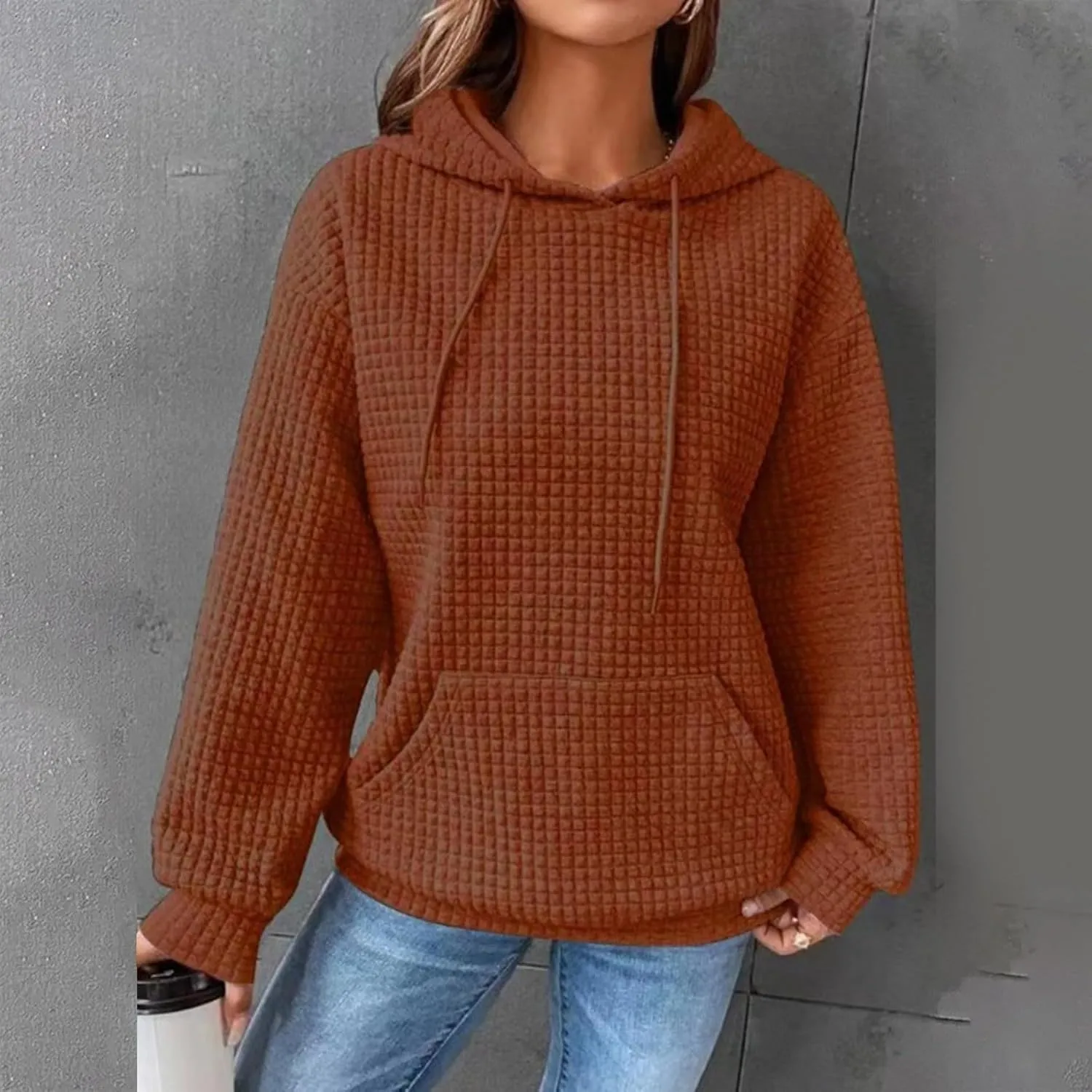 Womens Hoodies Oversized Waffle Drawstring Thick Pullover Sweatshirt Fall Fashion 2024 Soft Baggy Tunic Hoodies