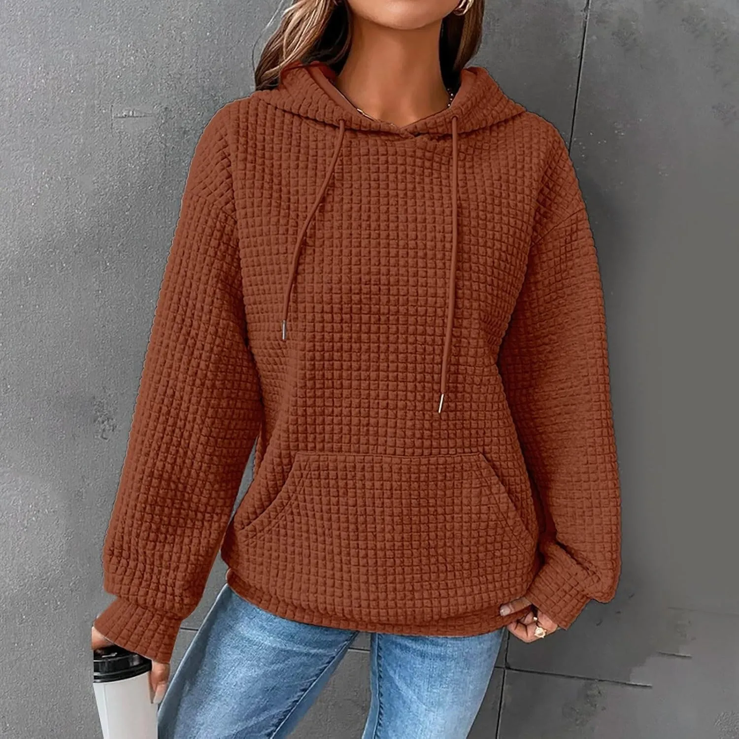Womens Hoodies Oversized Waffle Drawstring Thick Pullover Sweatshirt Fall Fashion 2024 Soft Baggy Tunic Hoodies