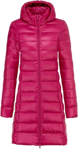 Womens Lightweight Long Puffer Jacket Water-Resistant Winter Coat Packable Hooded Long Padded Down Ccoat Outwear