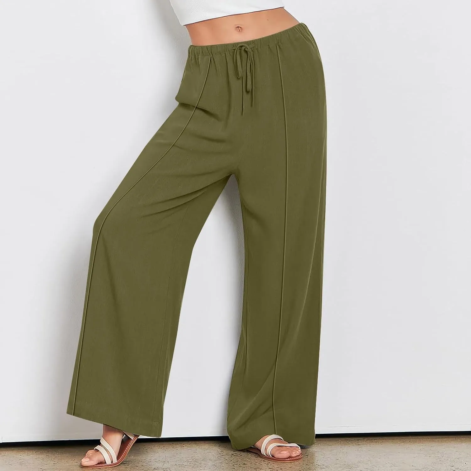 Women's Linen Summer Palazzo Pants Flowy Wide Leg Beach Casual Pant Plus Size Relaxed Fit Drawstring Trousers with Pockets