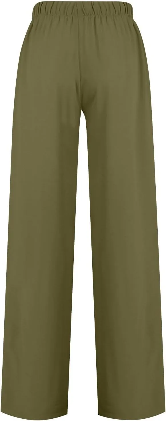 Women's Linen Summer Palazzo Pants Flowy Wide Leg Beach Casual Pant Plus Size Relaxed Fit Drawstring Trousers with Pockets