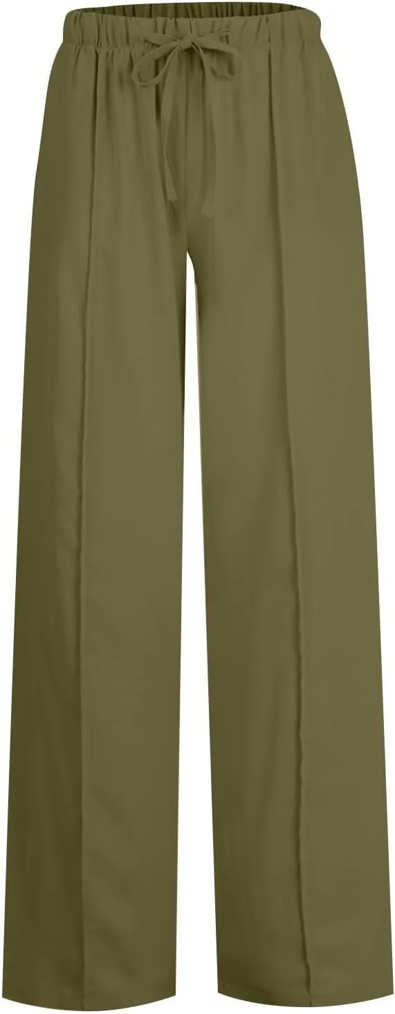 Women's Linen Summer Palazzo Pants Flowy Wide Leg Beach Casual Pant Plus Size Relaxed Fit Drawstring Trousers with Pockets