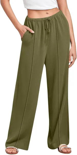 Women's Linen Summer Palazzo Pants Flowy Wide Leg Beach Casual Pant Plus Size Relaxed Fit Drawstring Trousers with Pockets
