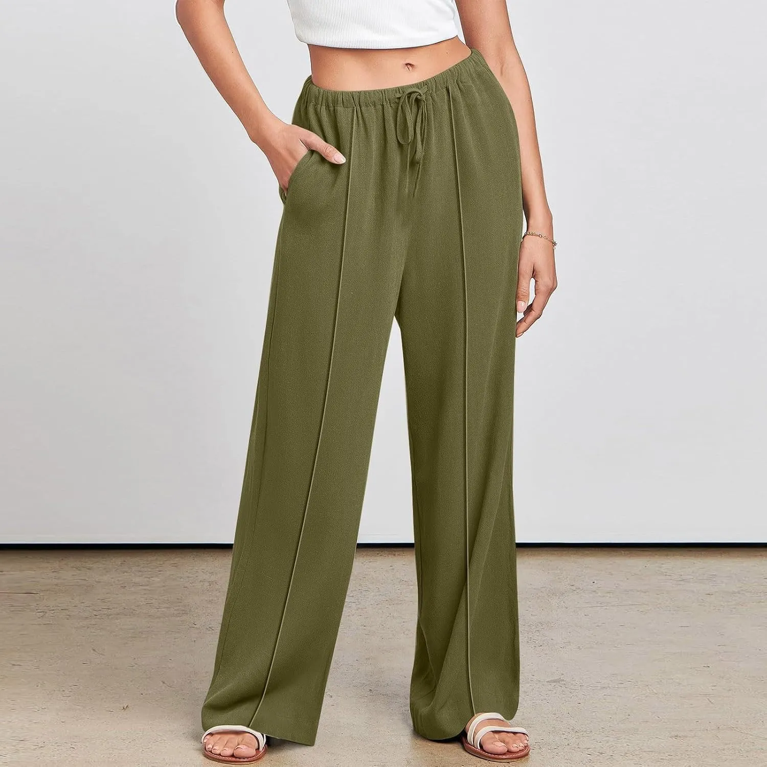 Women's Linen Summer Palazzo Pants Flowy Wide Leg Beach Casual Pant Plus Size Relaxed Fit Drawstring Trousers with Pockets