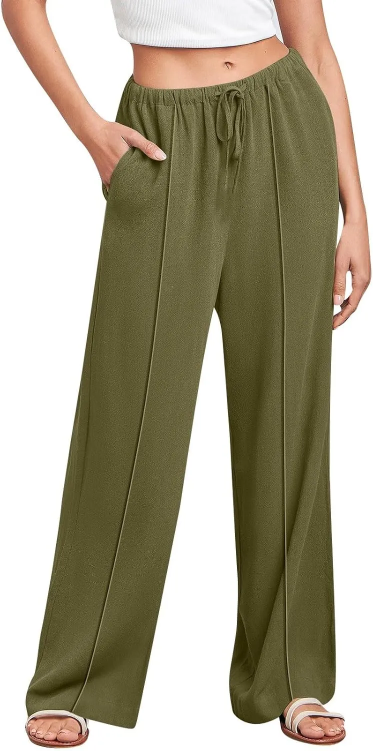 Women's Linen Summer Palazzo Pants Flowy Wide Leg Beach Casual Pant Plus Size Relaxed Fit Drawstring Trousers with Pockets
