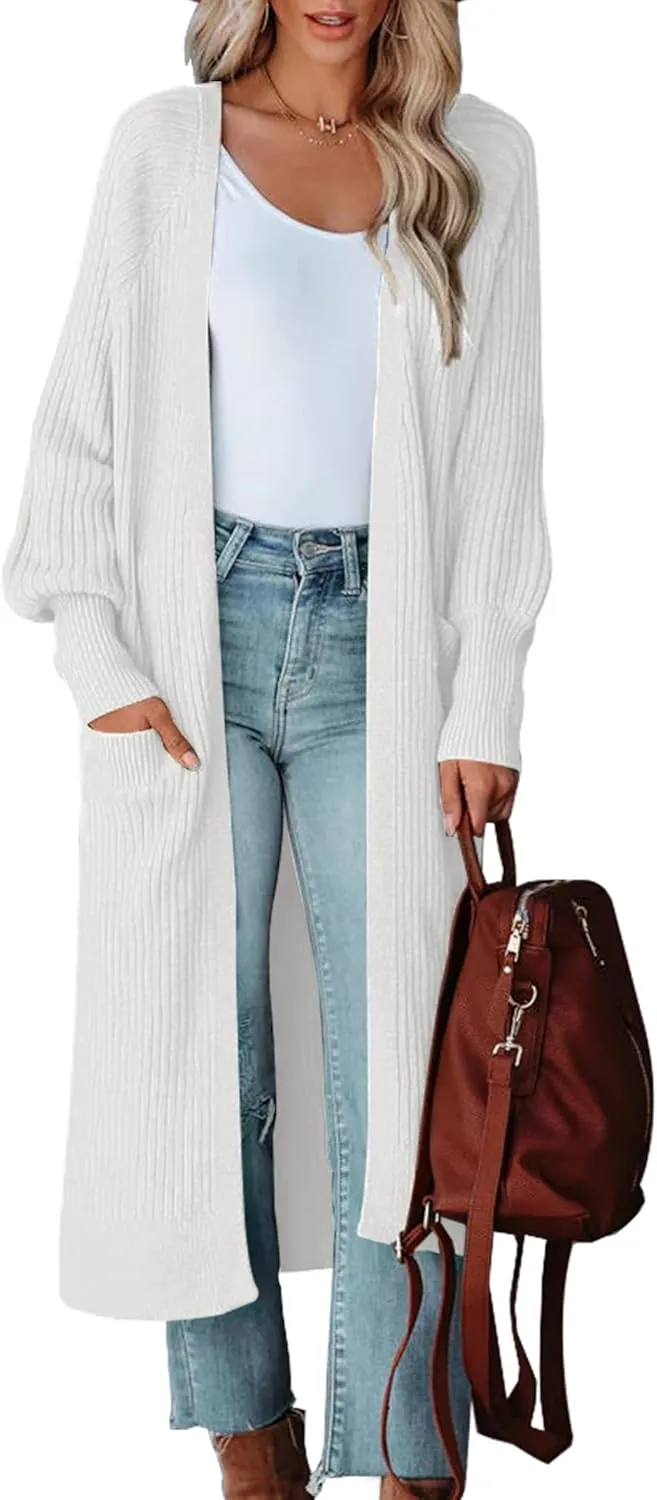Womens Long Cardigan Sweaters 2025 Open Front Ribbed Knit Maxi Coat Fall Outwear with Pockets