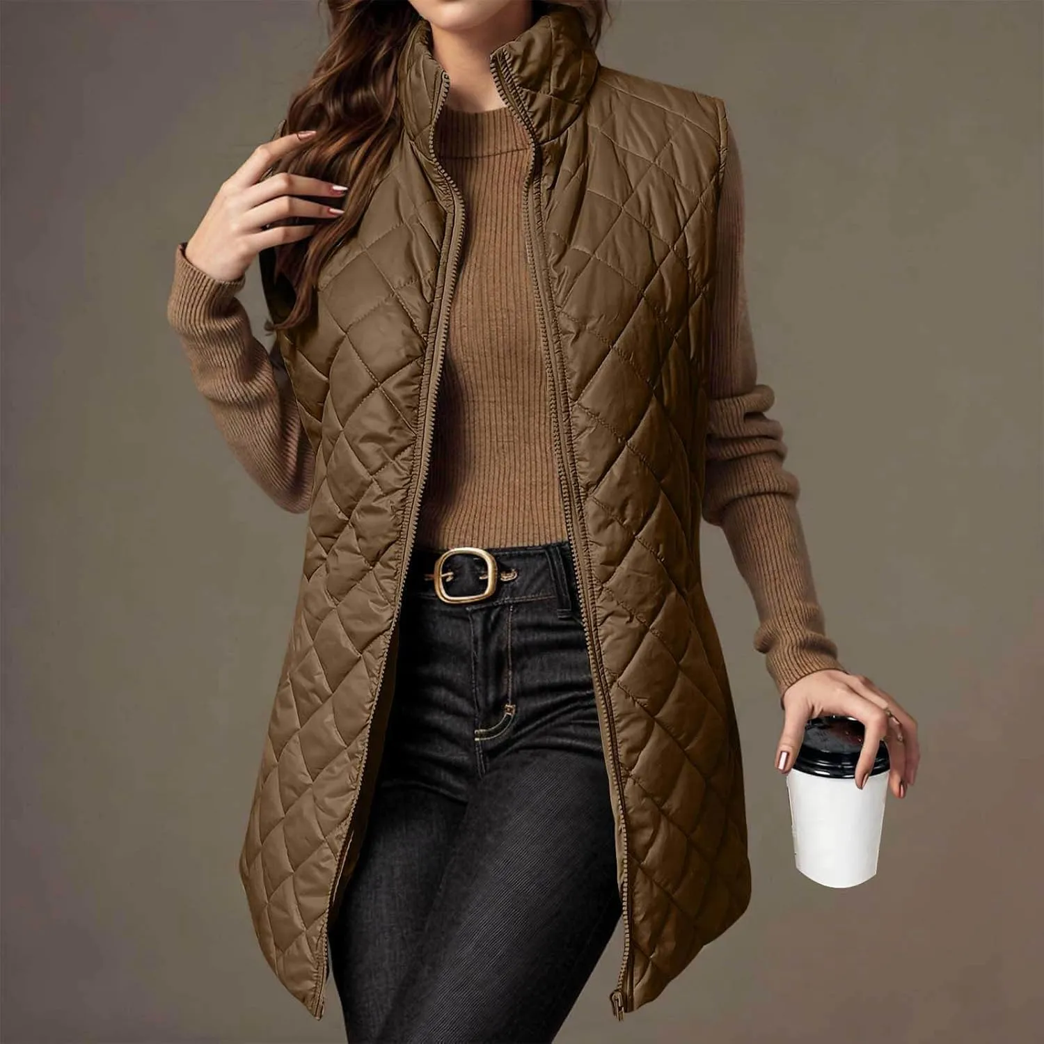 Womens Long Quilted Vest Sleeveless Pockets Full Zip Puff Vest Outerwear Cotton Padded Jacket Gilet Long Winter Coats