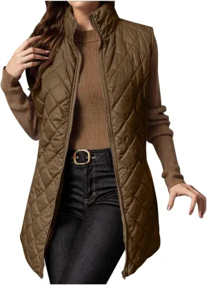 Womens Long Quilted Vest Sleeveless Pockets Full Zip Puff Vest Outerwear Cotton Padded Jacket Gilet Long Winter Coats