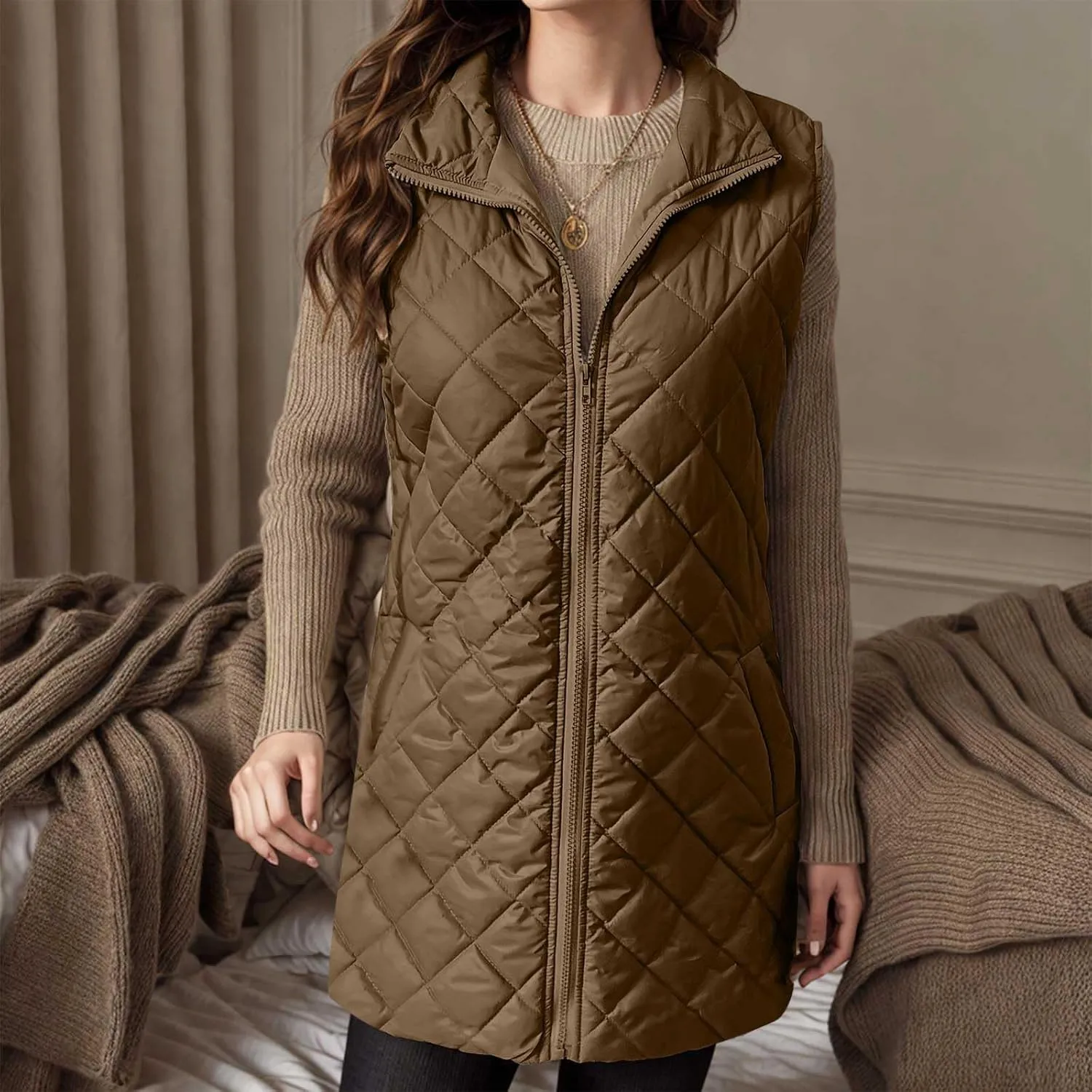Womens Long Quilted Vest Sleeveless Pockets Full Zip Puff Vest Outerwear Cotton Padded Jacket Gilet Long Winter Coats