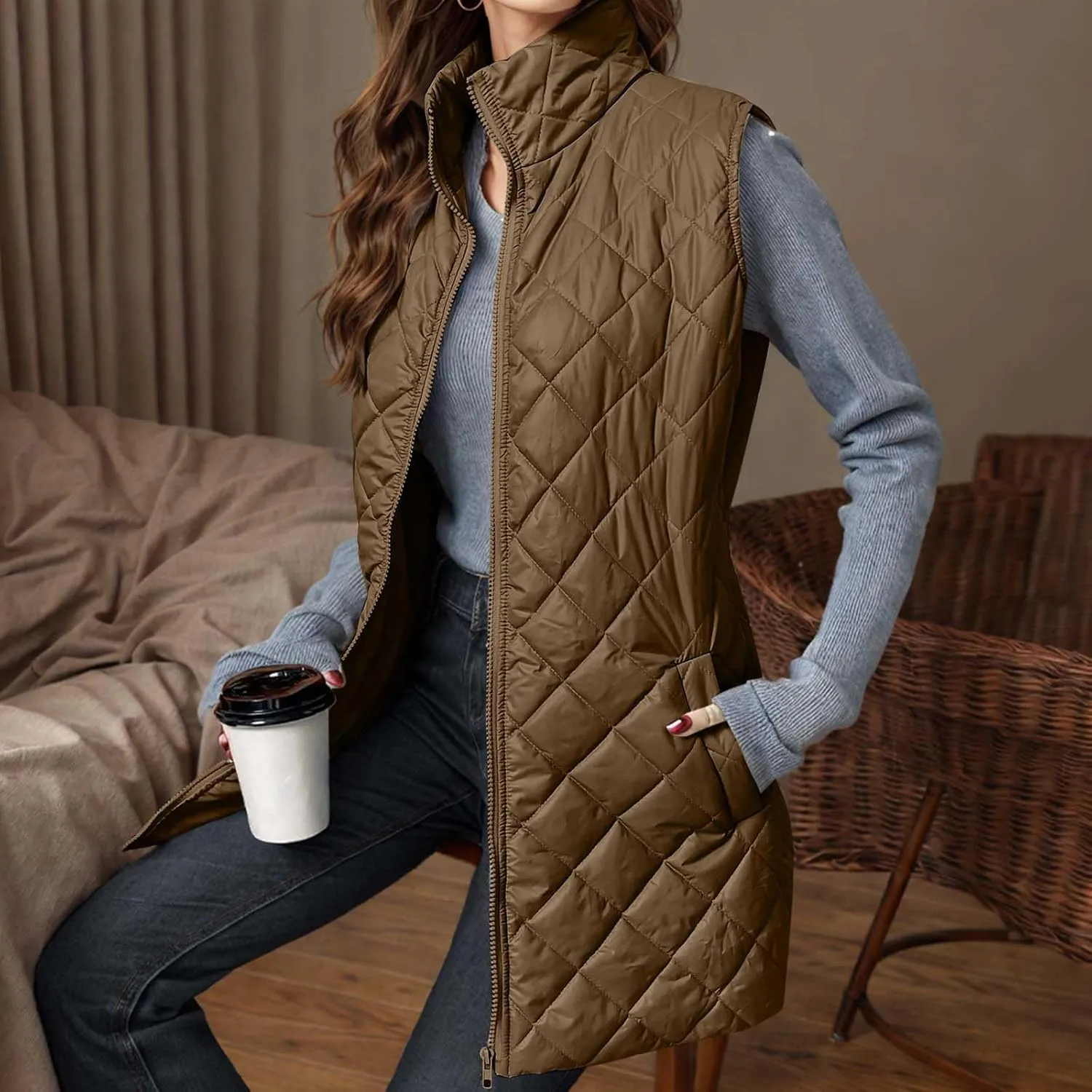 Womens Long Quilted Vest Sleeveless Pockets Full Zip Puff Vest Outerwear Cotton Padded Jacket Gilet Long Winter Coats