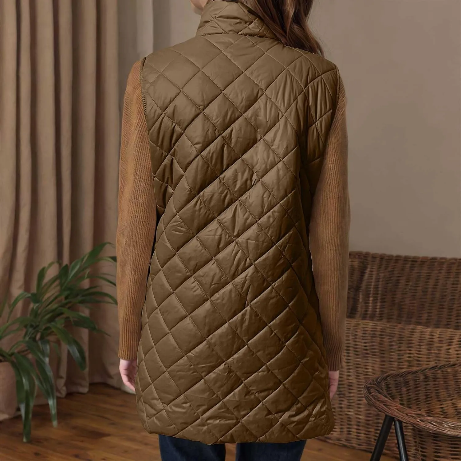 Womens Long Quilted Vest Sleeveless Pockets Full Zip Puff Vest Outerwear Cotton Padded Jacket Gilet Long Winter Coats