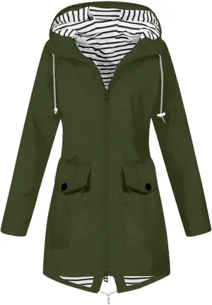 Womens Long Rain Jacket Lightweight Waterproof Windproof Rain Coat Drawstring Zip Up Windbreaker Outdoor Trench Coat