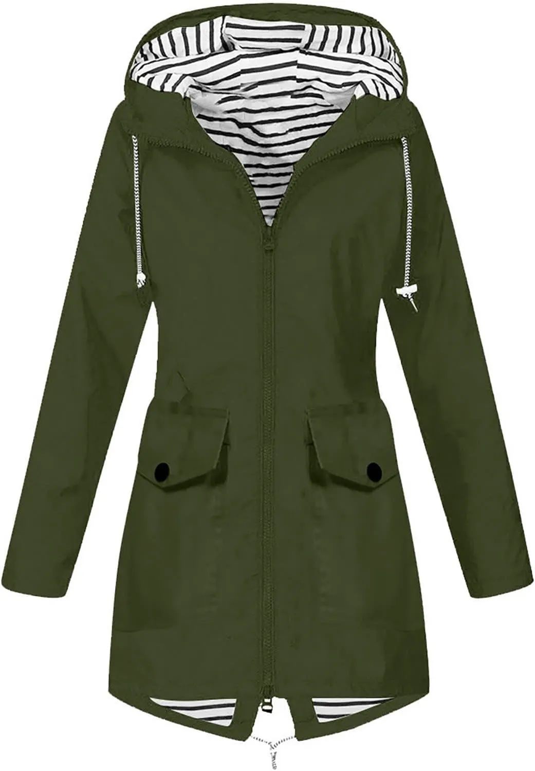 Womens Long Rain Jacket Lightweight Waterproof Windproof Rain Coat Drawstring Zip Up Windbreaker Outdoor Trench Coat