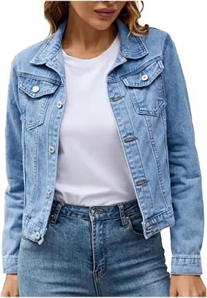 Womens Long Sleeve Jean Jacket Distressed Denim Jacket Slim Fit Basic Button Down Trucker Denim Fall Jackets