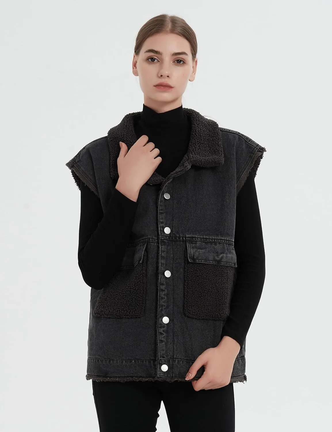 Womens Loose Sherpa Fleece Lined Denim Vest Casual Sleeveless Button Down Jean Vest Jacket