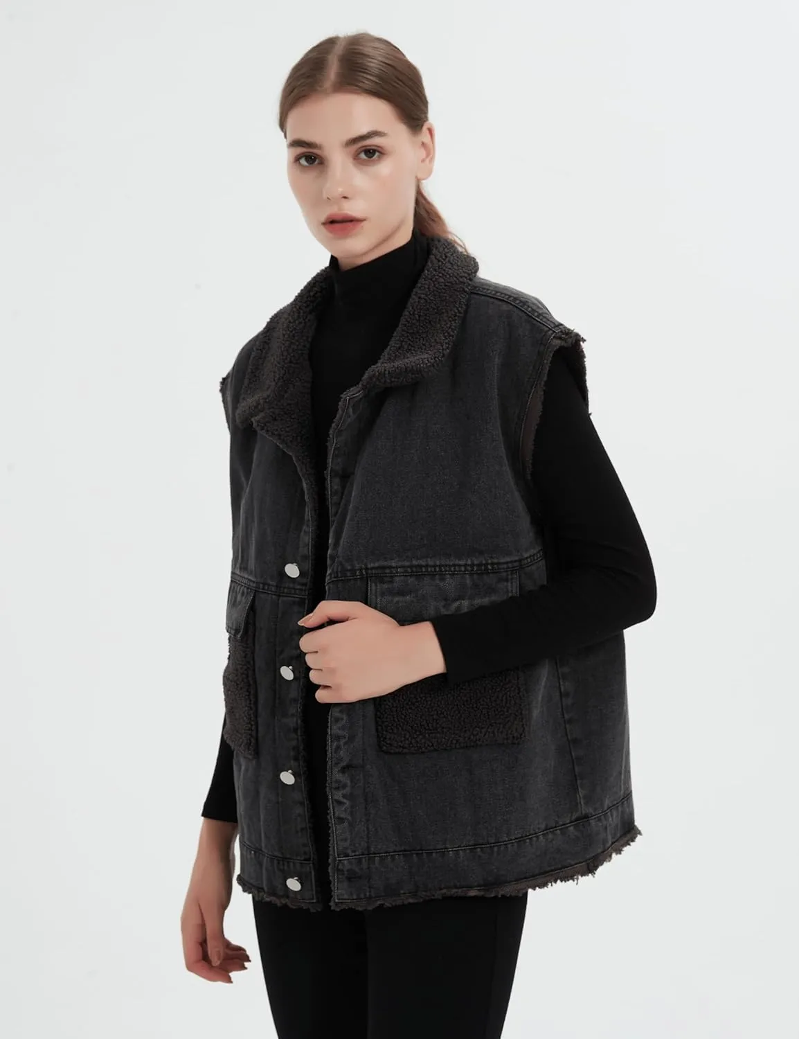 Womens Loose Sherpa Fleece Lined Denim Vest Casual Sleeveless Button Down Jean Vest Jacket
