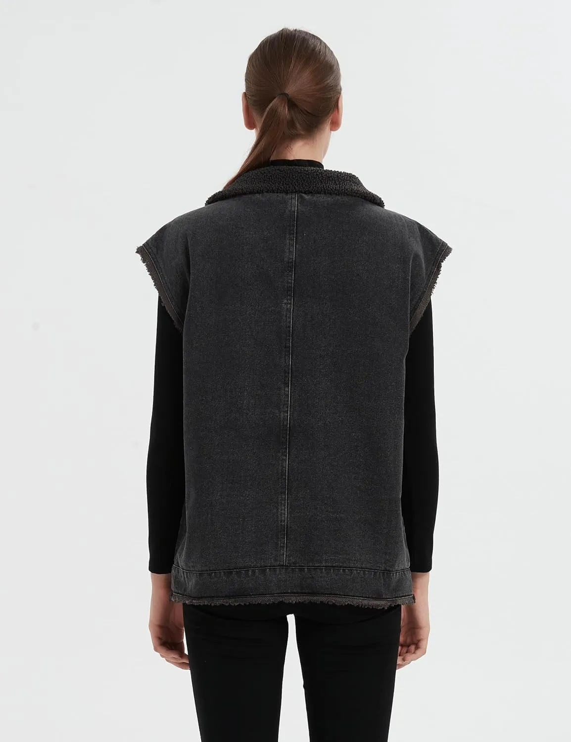 Womens Loose Sherpa Fleece Lined Denim Vest Casual Sleeveless Button Down Jean Vest Jacket