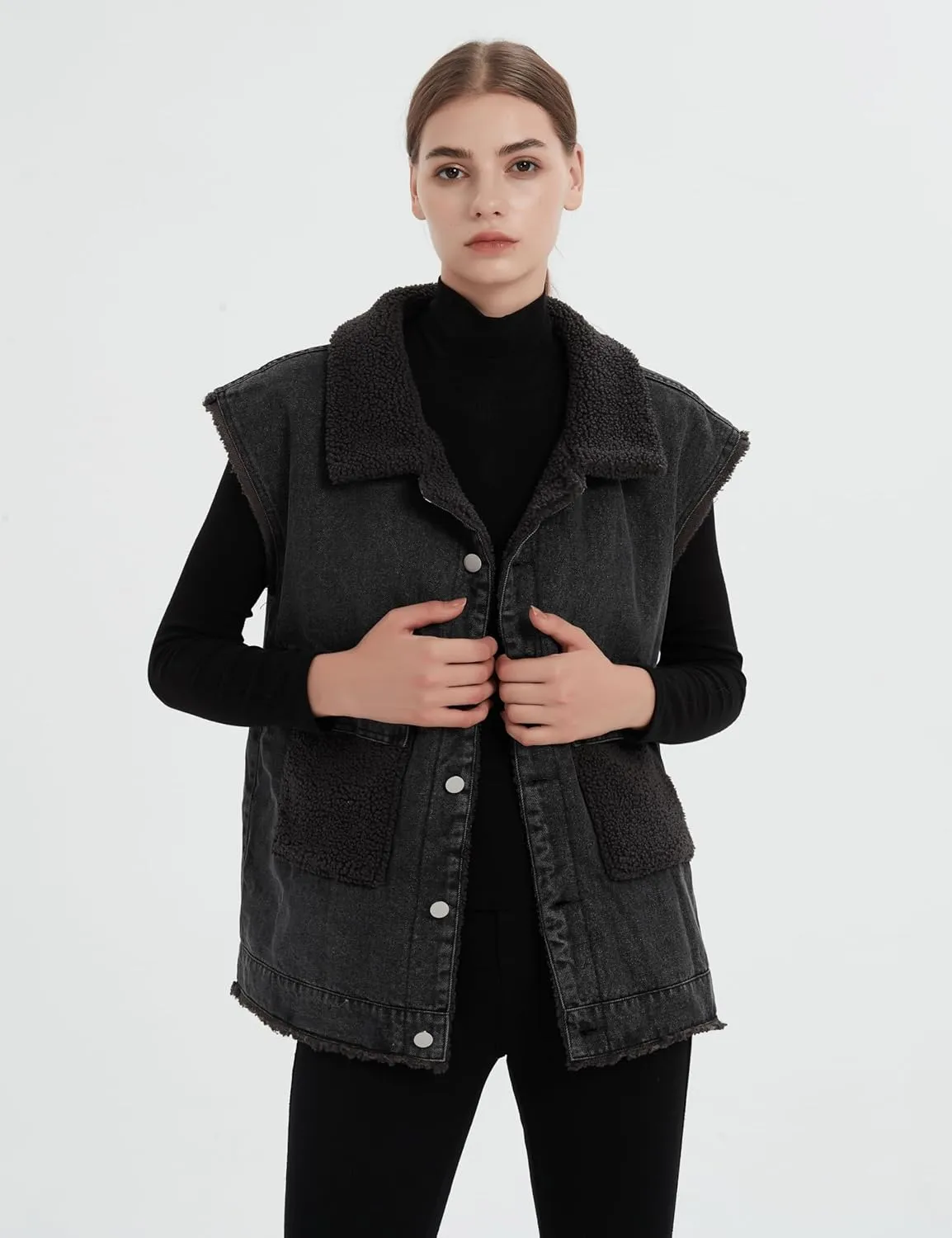 Womens Loose Sherpa Fleece Lined Denim Vest Casual Sleeveless Button Down Jean Vest Jacket