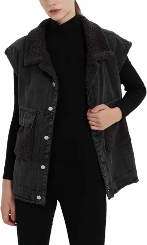 Womens Loose Sherpa Fleece Lined Denim Vest Casual Sleeveless Button Down Jean Vest Jacket