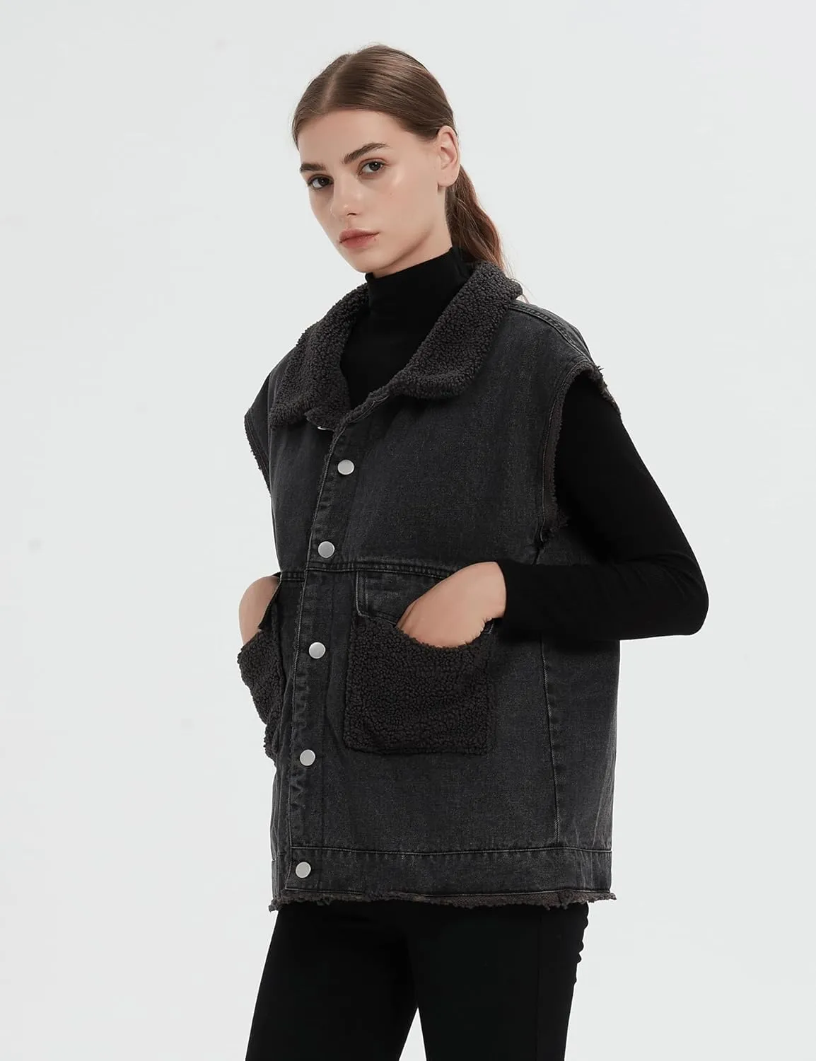 Womens Loose Sherpa Fleece Lined Denim Vest Casual Sleeveless Button Down Jean Vest Jacket