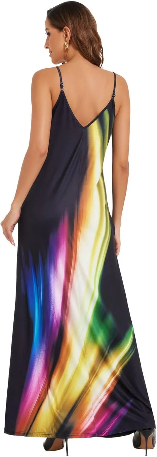 Women's Maxi Sunflower Dresses Sleeveless Long Tie Dye Dress Casual Sundresses with Pockets