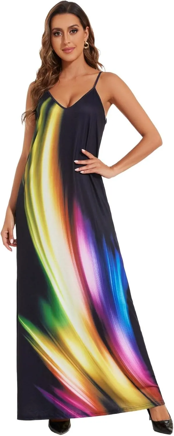 Women's Maxi Sunflower Dresses Sleeveless Long Tie Dye Dress Casual Sundresses with Pockets