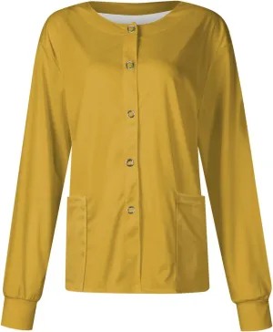 Womens Medical Uniform Scrub Tee Long Sleeve Button Down Oversized Scrubs for Women Solid Color Nursing Jacket Tops