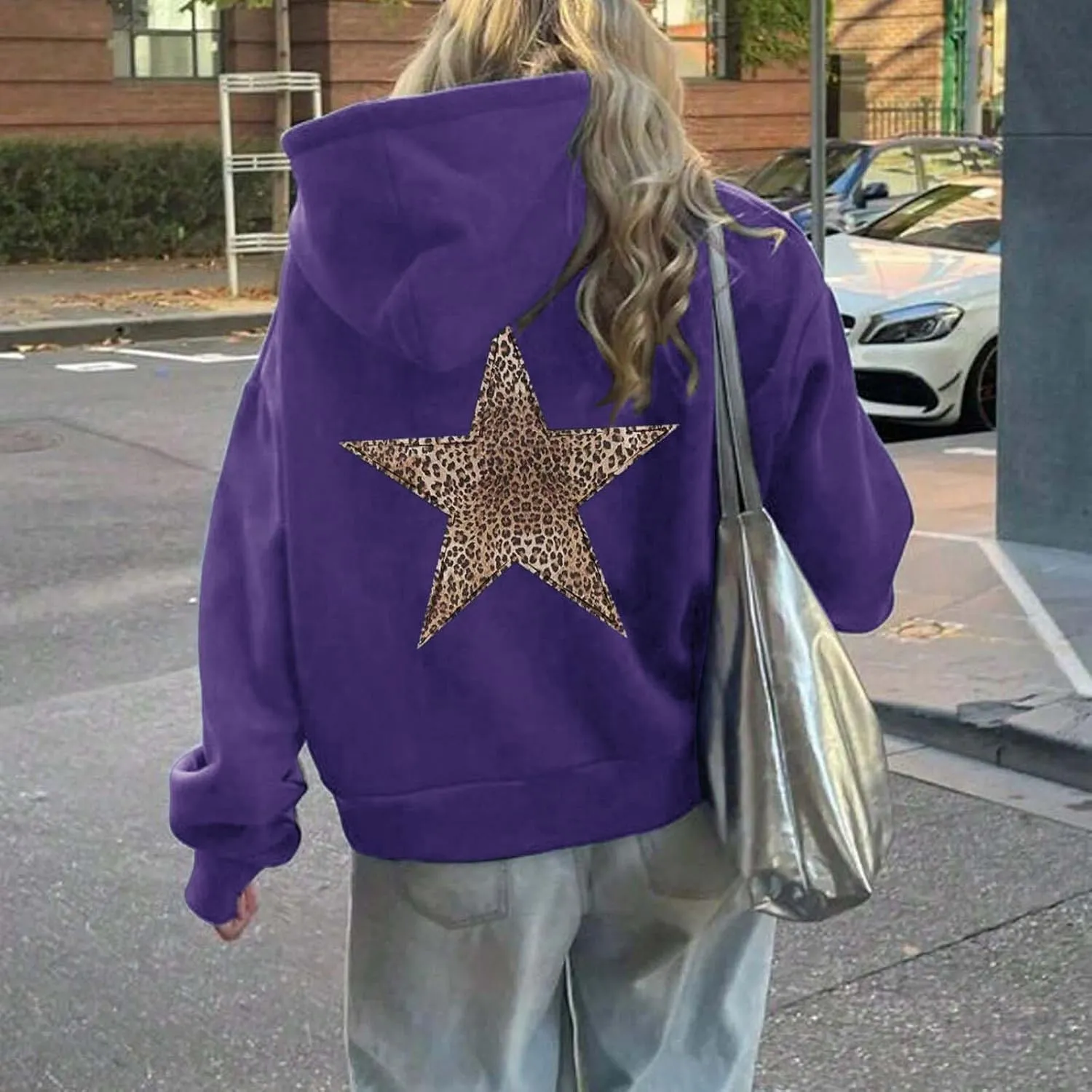 Womens Oversized Hoodies Distressed Star Graphic Sweatshirt Long Sleeve Hooded Shirt Aesthetic Pullover