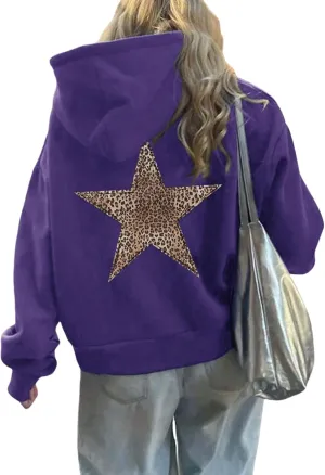 Womens Oversized Hoodies Distressed Star Graphic Sweatshirt Long Sleeve Hooded Shirt Aesthetic Pullover