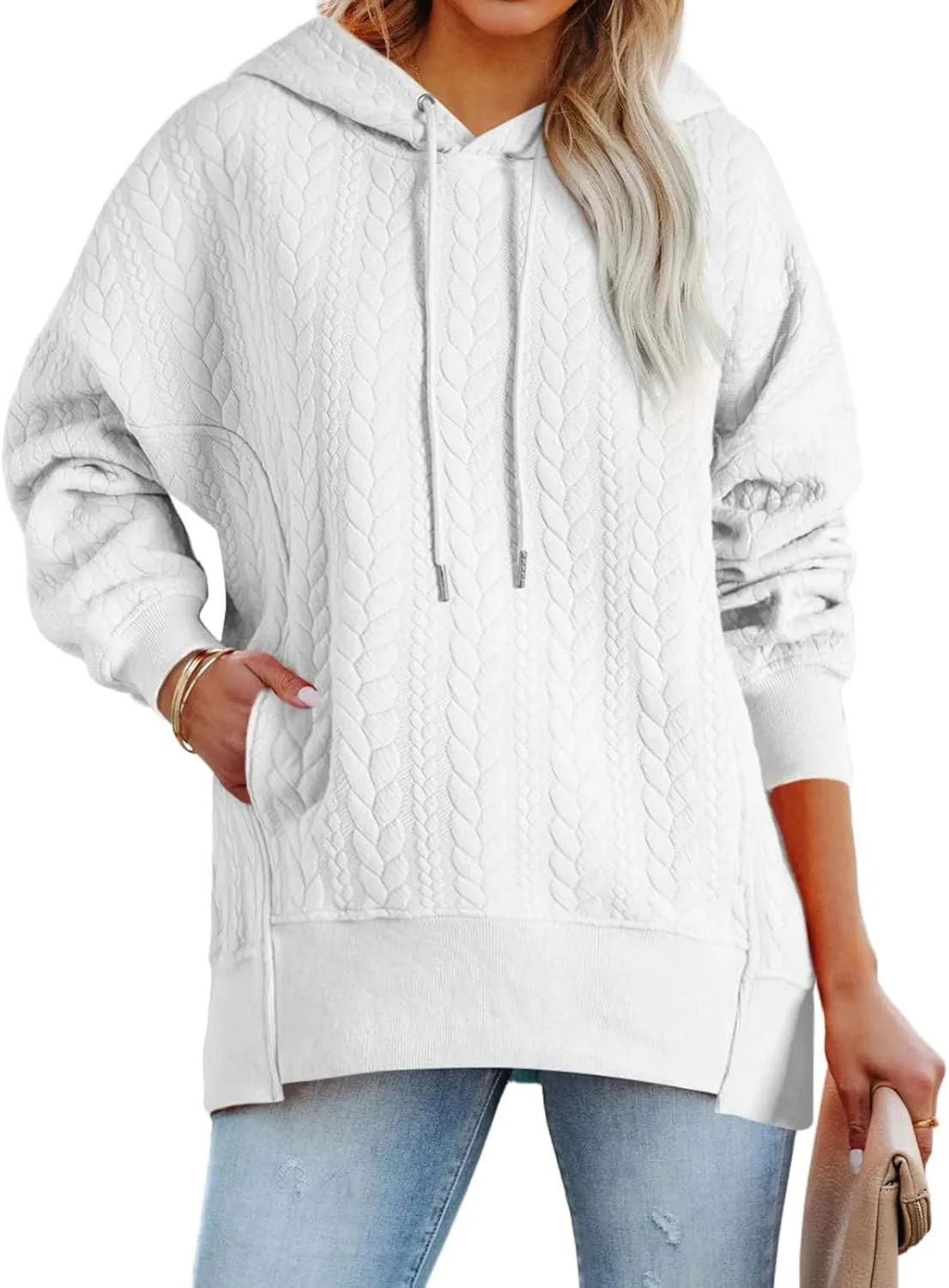 Women's Oversized Hoodies Fall Casual Quilted Long Sleeve Drawstring Hooded Sweatshirts Pullover Tops with Pocket