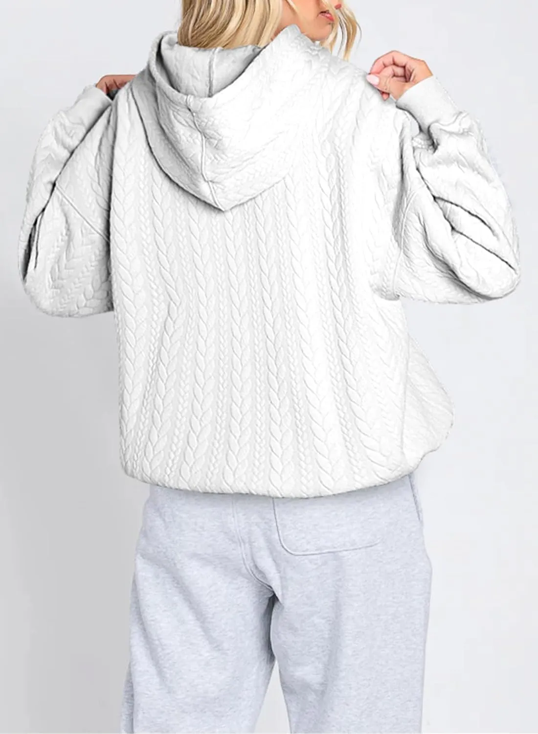 Women's Oversized Hoodies Fall Casual Quilted Long Sleeve Drawstring Hooded Sweatshirts Pullover Tops with Pocket