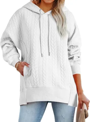 Women's Oversized Hoodies Fall Casual Quilted Long Sleeve Drawstring Hooded Sweatshirts Pullover Tops with Pocket