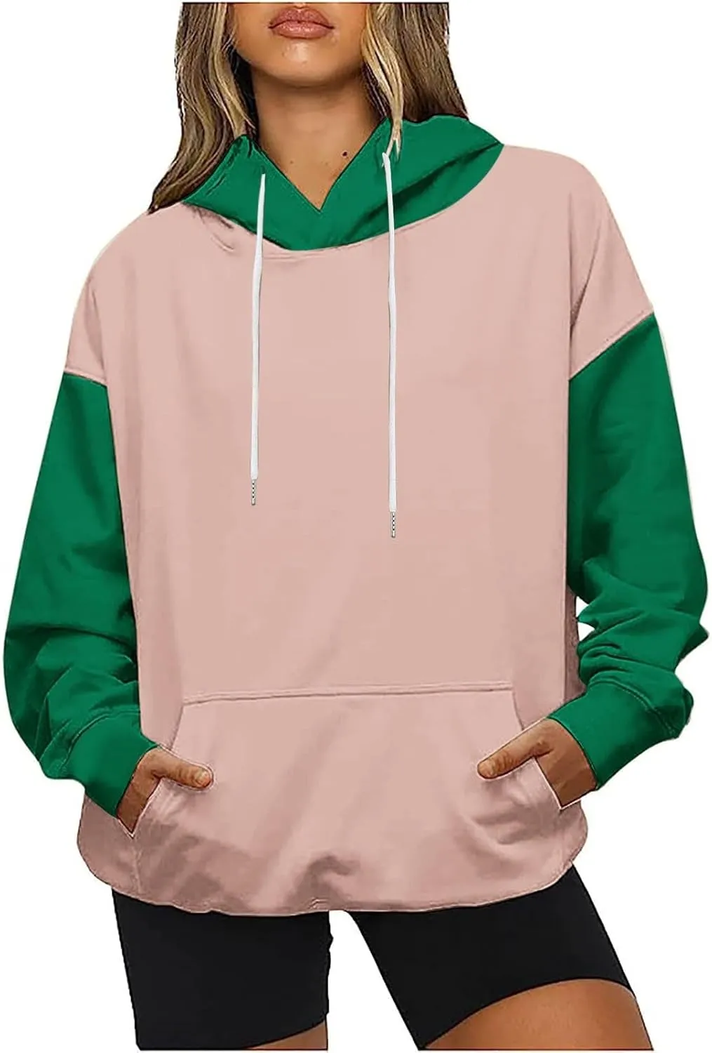 Women's Oversized Hoodies Fall Fashion Long Sleeve Hooded Sweatshirt Trendy Color Block Patchwork Y2k Pullover Tops