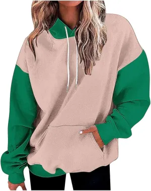 Women's Oversized Hoodies Fall Fashion Long Sleeve Hooded Sweatshirt Trendy Color Block Patchwork Y2k Pullover Tops