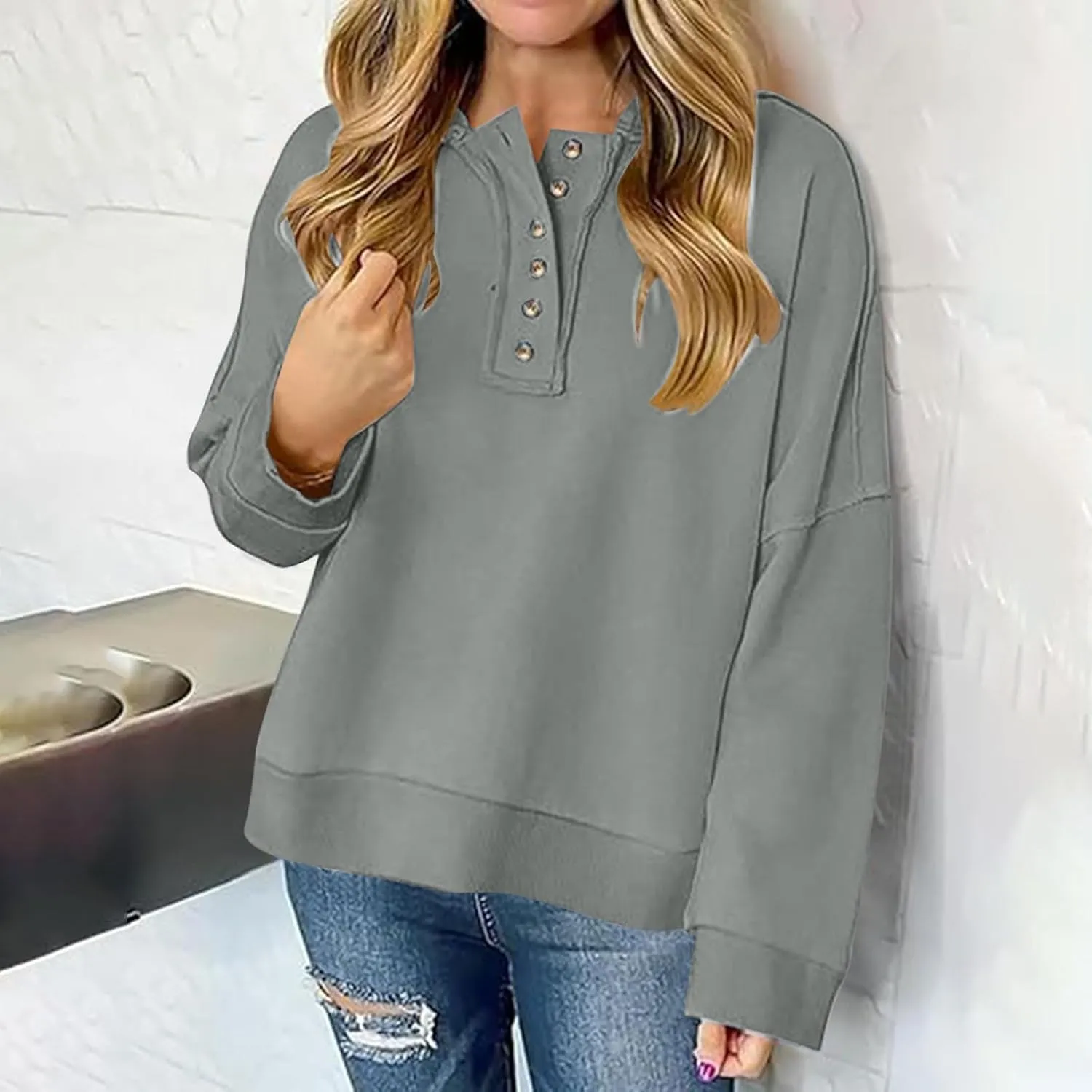 Womens Oversized Sweatshirt Long Sleeve V Neck Button Hoodie Casual Loose Fit Lightweight Sweatshirt Pullover Tops