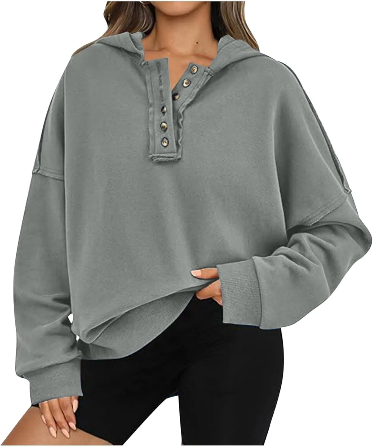 Womens Oversized Sweatshirt Long Sleeve V Neck Button Hoodie Casual Loose Fit Lightweight Sweatshirt Pullover Tops