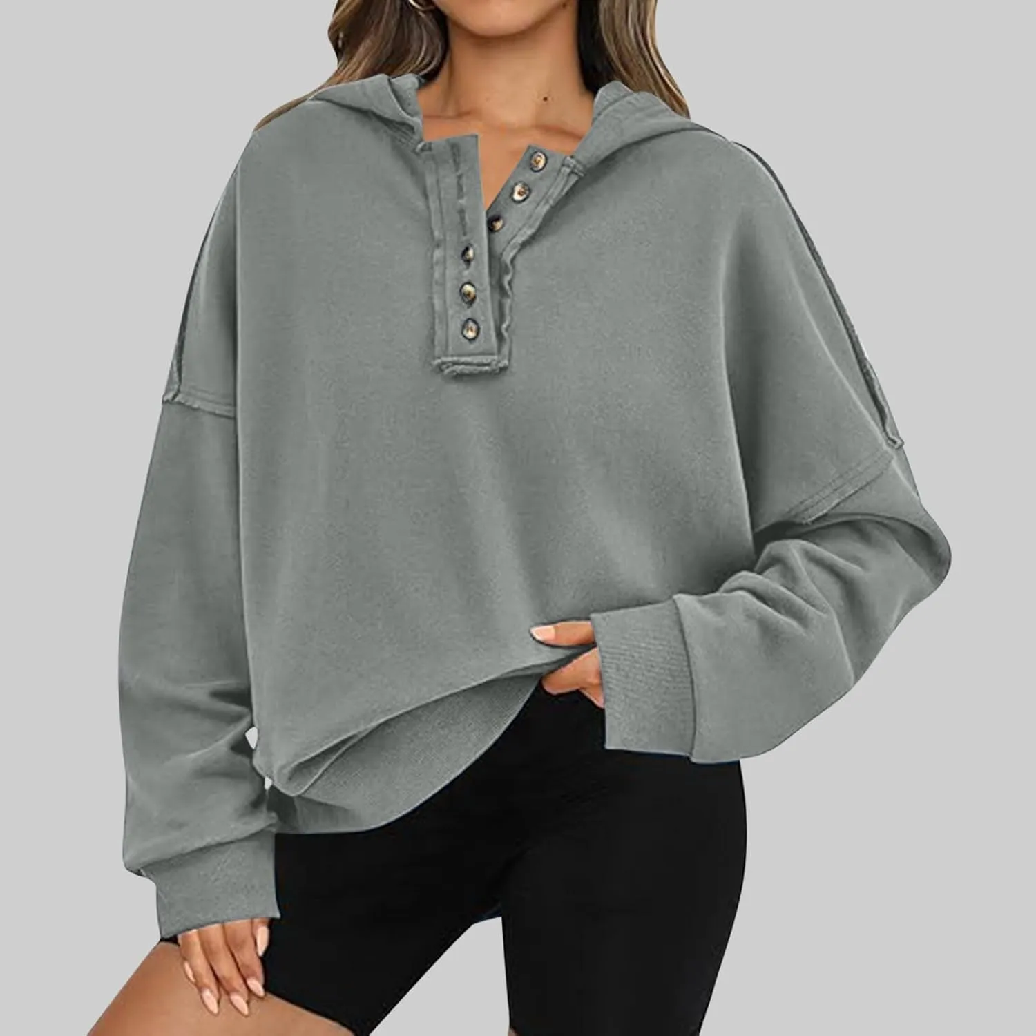 Womens Oversized Sweatshirt Long Sleeve V Neck Button Hoodie Casual Loose Fit Lightweight Sweatshirt Pullover Tops