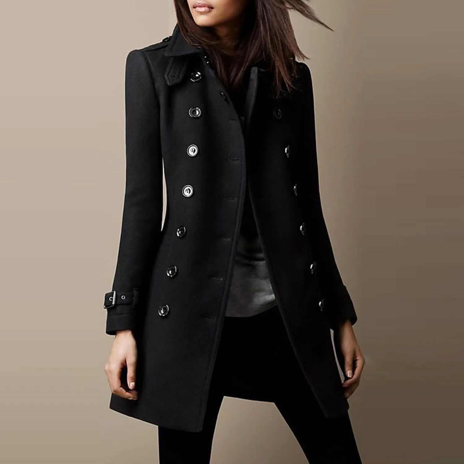 Women's Pea Coat Winter Wool Blend Trench Coat Stand Collar Casual Overcoat Double Breasted Woolen Peacoat Jacket