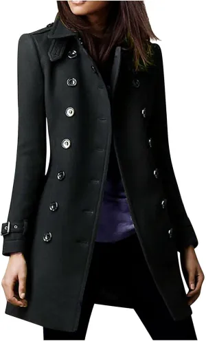 Women's Pea Coat Winter Wool Blend Trench Coat Stand Collar Casual Overcoat Double Breasted Woolen Peacoat Jacket
