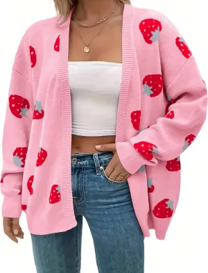 Women's Plus Size Strawberry Floral Print Long Sleeve Open Front Knit Cardigan Sweater