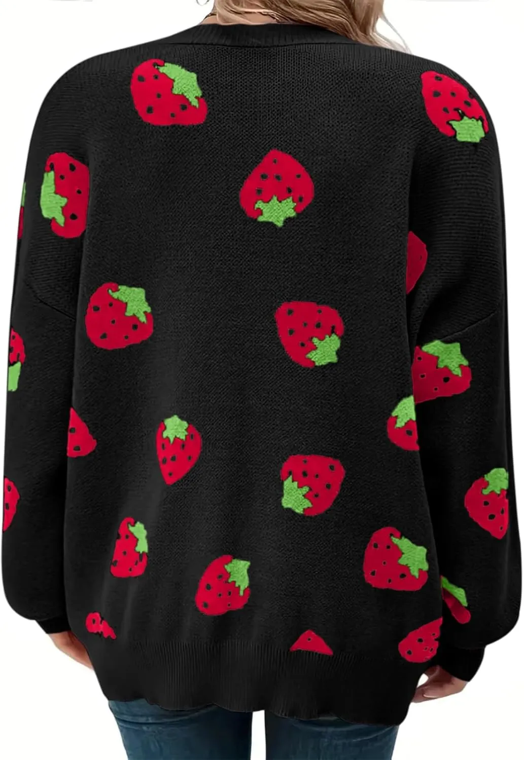 Women's Plus Size Strawberry Floral Print Long Sleeve Open Front Knit Cardigan Sweater