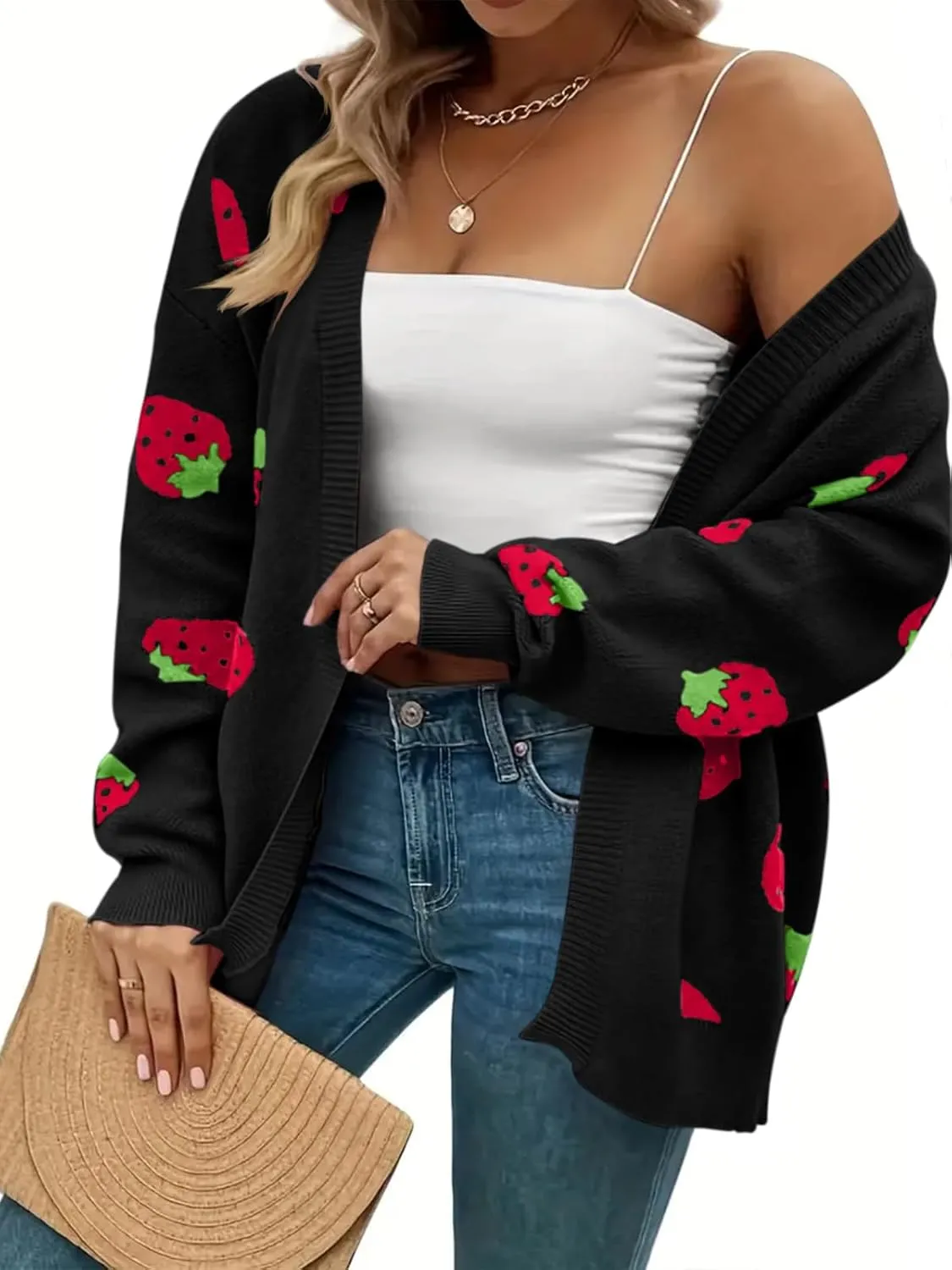 Women's Plus Size Strawberry Floral Print Long Sleeve Open Front Knit Cardigan Sweater