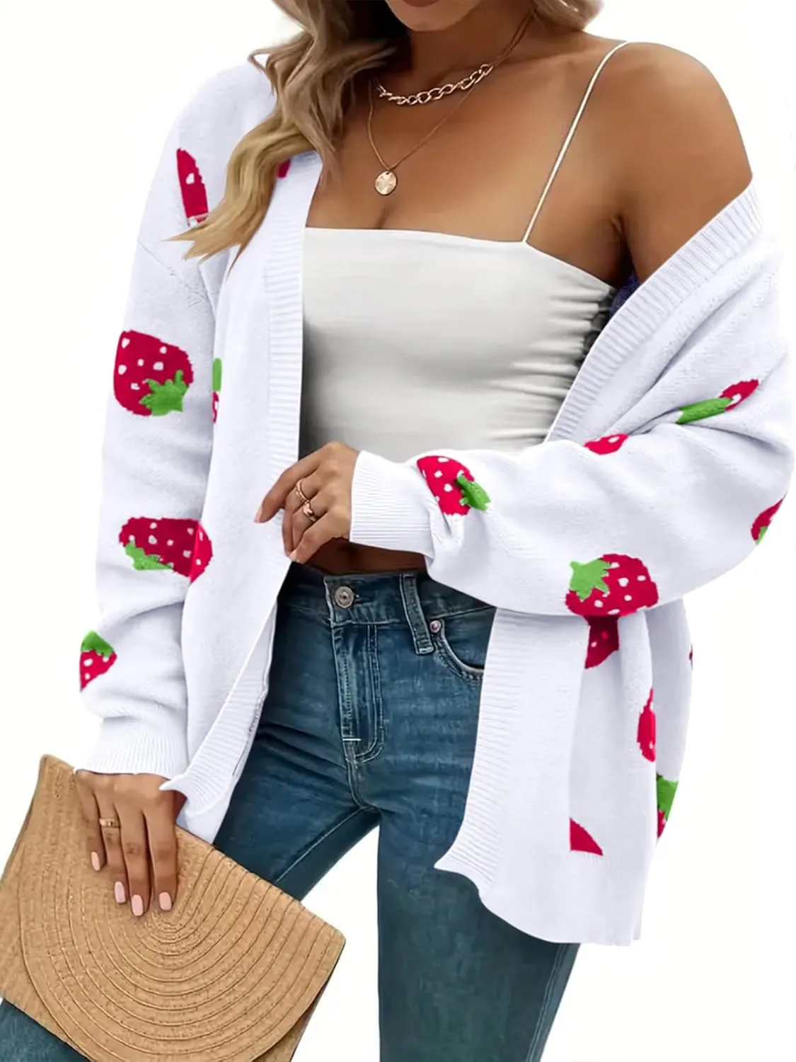 Women's Plus Size Strawberry Floral Print Long Sleeve Open Front Knit Cardigan Sweater