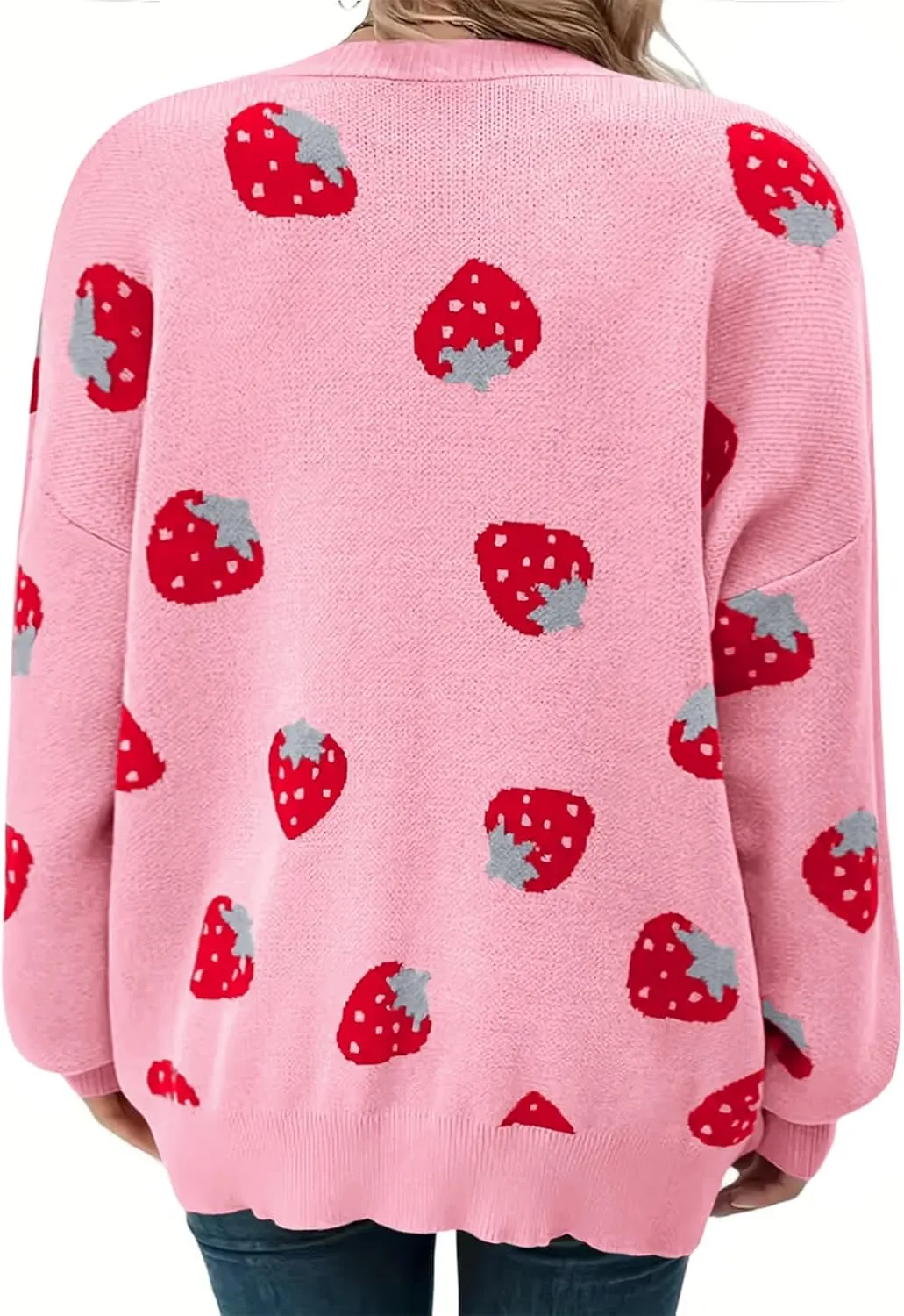 Women's Plus Size Strawberry Floral Print Long Sleeve Open Front Knit Cardigan Sweater